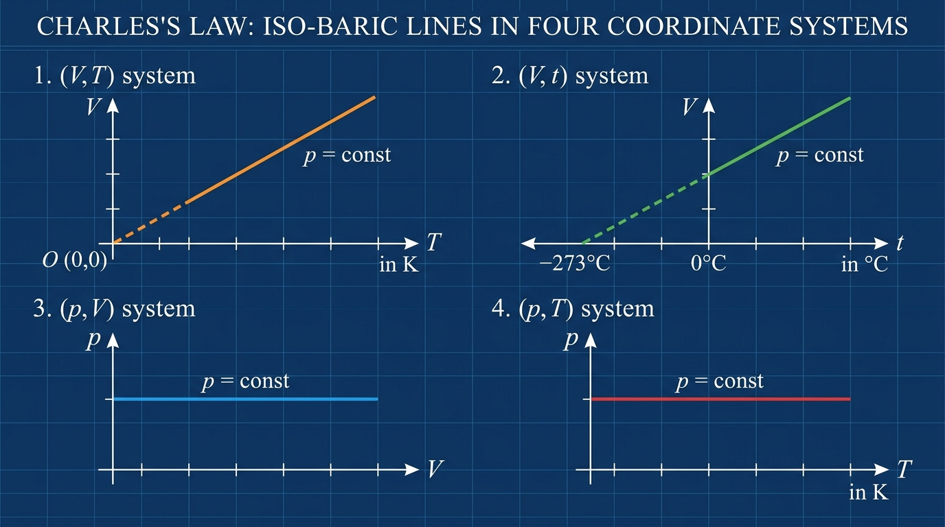 Đồ thị minh họa đường đẳng áp trong các hệ tọa độ (V, T), (V, t), (p, V), (p, T)