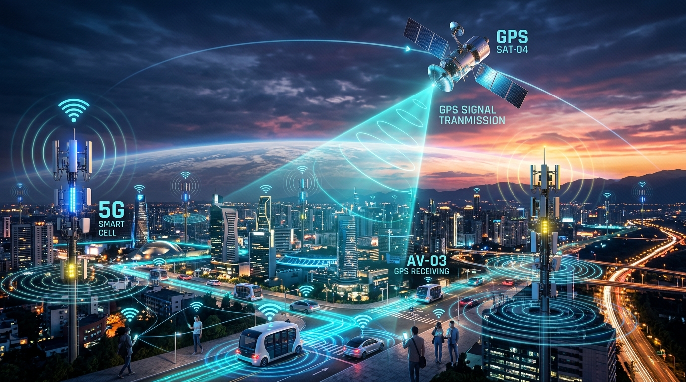 Hình 19.4: Ứng dụng sóng điện từ trong định vị vệ tinh GPS và viễn thông đô thị thông minh